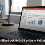 HP EliteBook 840 G8 on a desk, showcasing sleek aluminum build and Full HD display