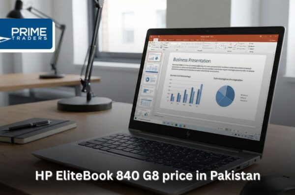 HP EliteBook 840 G8 on a desk, showcasing sleek aluminum build and Full HD display