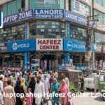 Hafeez Center Lahore exterior with laptop shops and shoppers