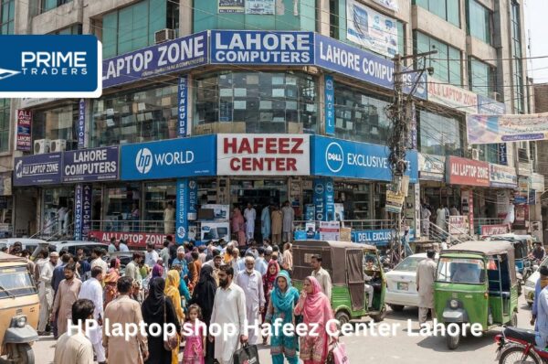 Hafeez Center Lahore exterior with laptop shops and shoppers