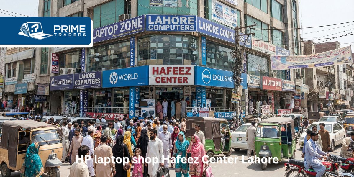 Hafeez Center Lahore exterior with laptop shops and shoppers