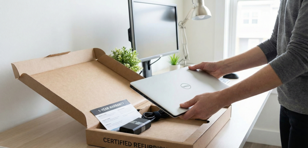 Refurbished laptop being unpacked from a box with warranty card and accessories visible on a clean desk