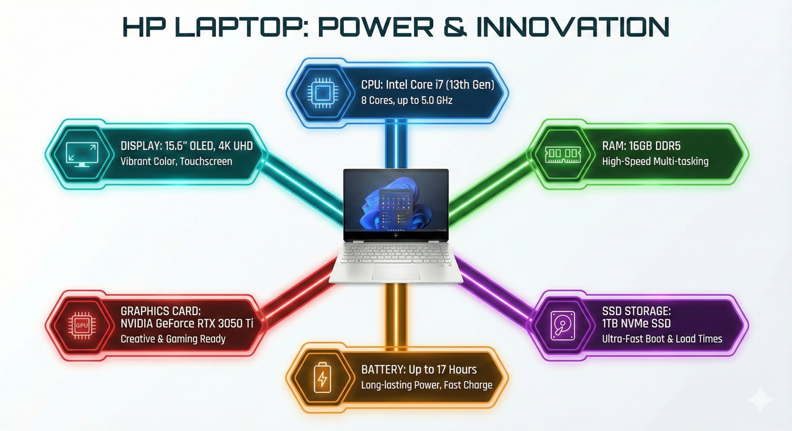 Infographic showing HP laptop key specifications for online buyers in Pakistan