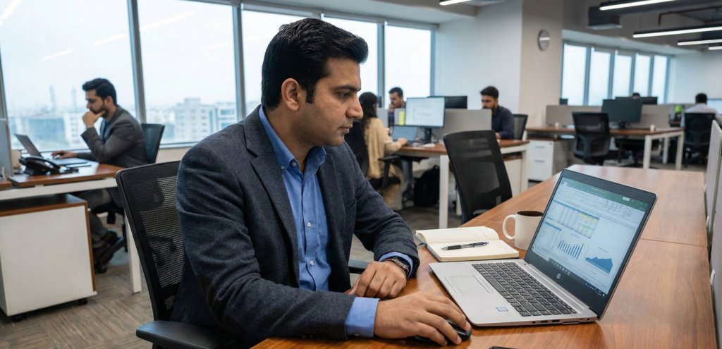 Office professional working on a laptop in Pakistan with productivity apps