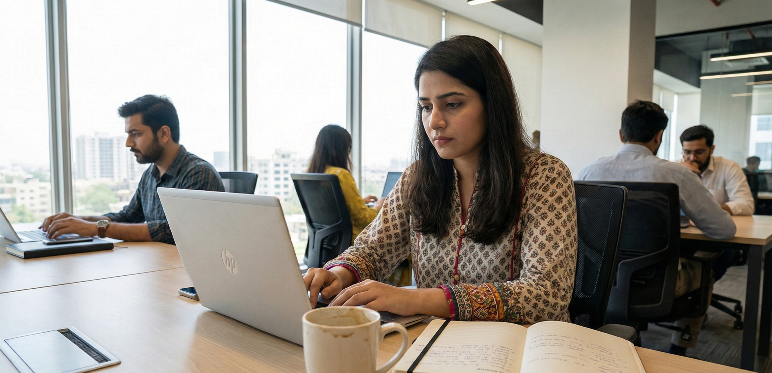 Professional using HP laptop for work in Pakistan – showcasing reliability and performa