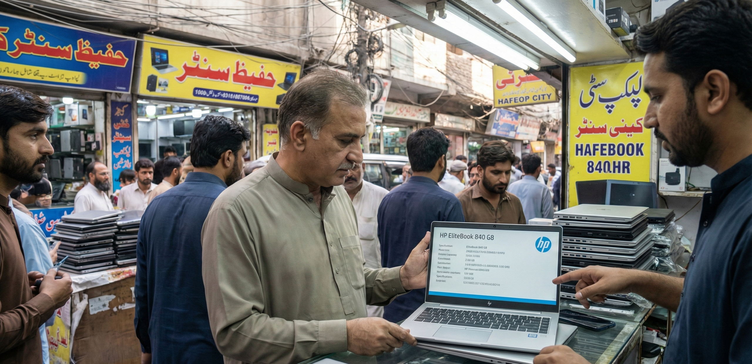 Buyer testing HP EliteBook 840 G8 in Hafeez Center Lahore