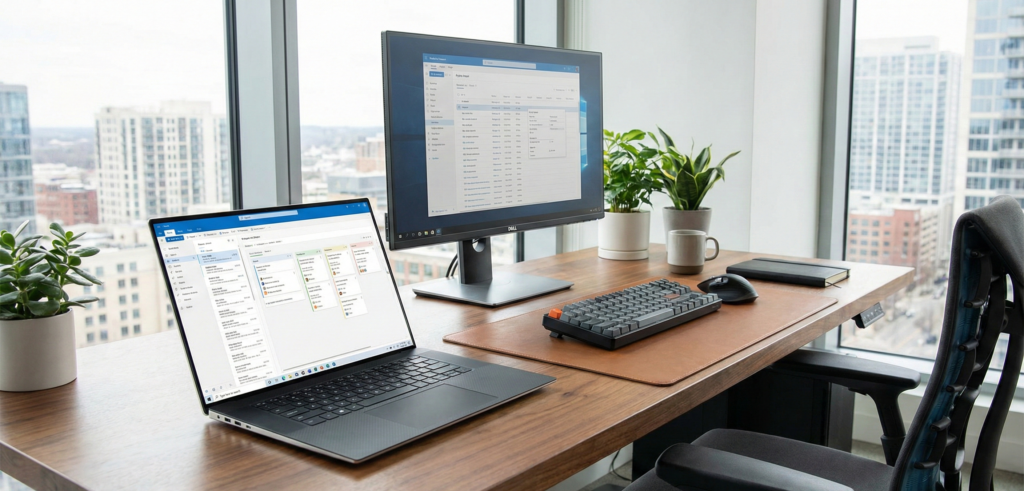 Dell laptop in corporate office workspace, productivity-focused setup
