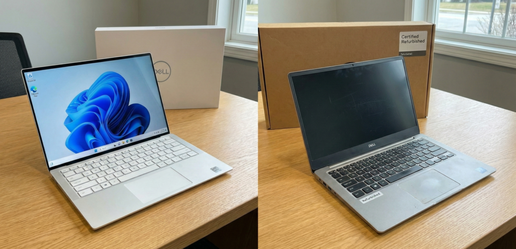 Side-by-side comparison of brand new and refurbished Dell laptops showing cosmetic and performance differences
