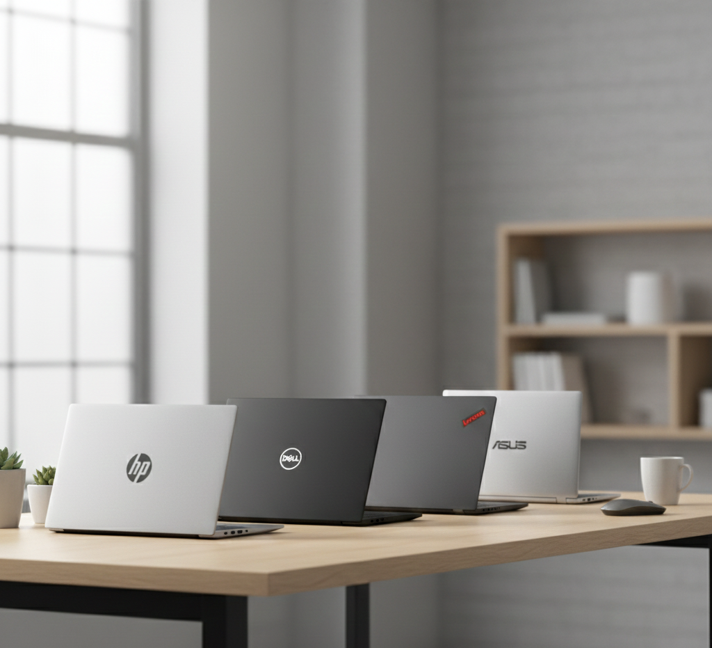 Four laptops from popular brands HP, Dell, Lenovo, and Asus arranged on a desk, showcasing brand logos