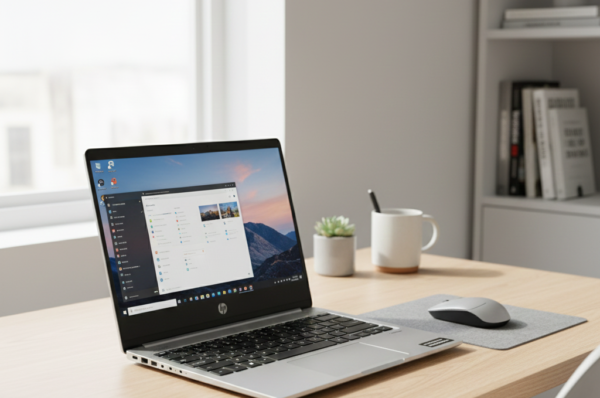 High-quality refurbished HP laptop on a clean desk in a modern home office, powered on and ready to use