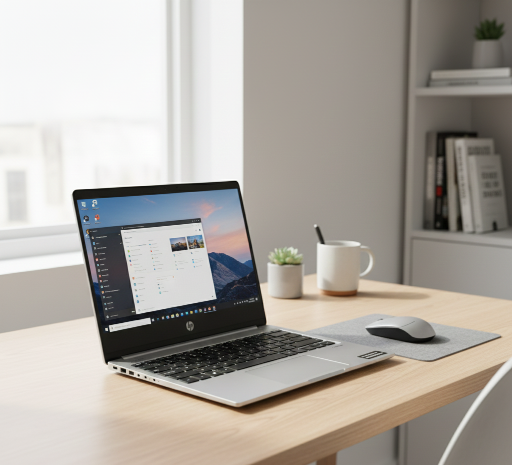 High-quality refurbished HP laptop on a clean desk in a modern home office, powered on and ready to use