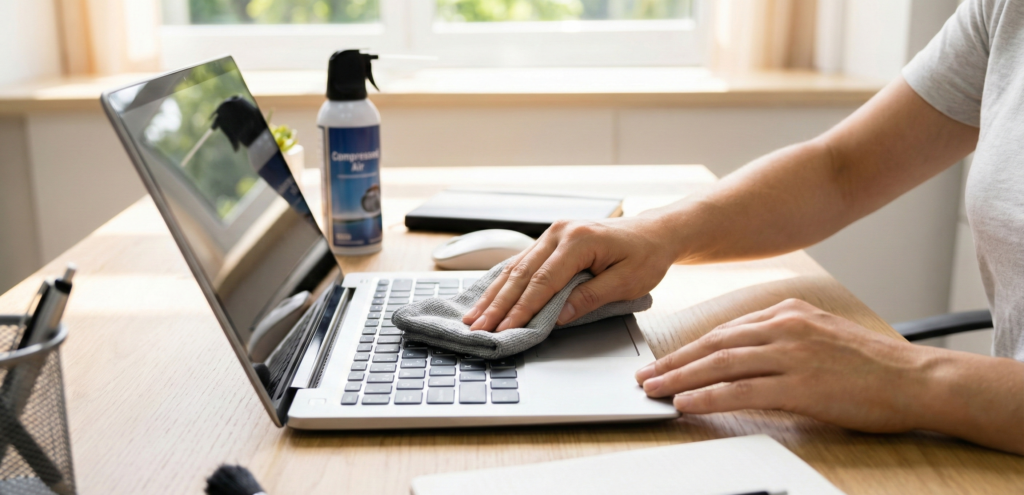 Person cleaning a refurbished laptop keyboard with a microfiber cloth on a desk, demonstrating maintenance and care