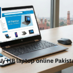 Buy HP laptop online in Pakistan – modern HP laptop on a sleek desk setup with online shopping theme
