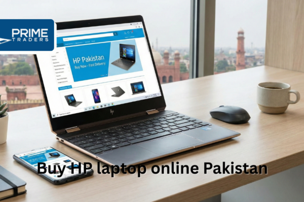 Buy HP laptop online in Pakistan – modern HP laptop on a sleek desk setup with online shopping theme