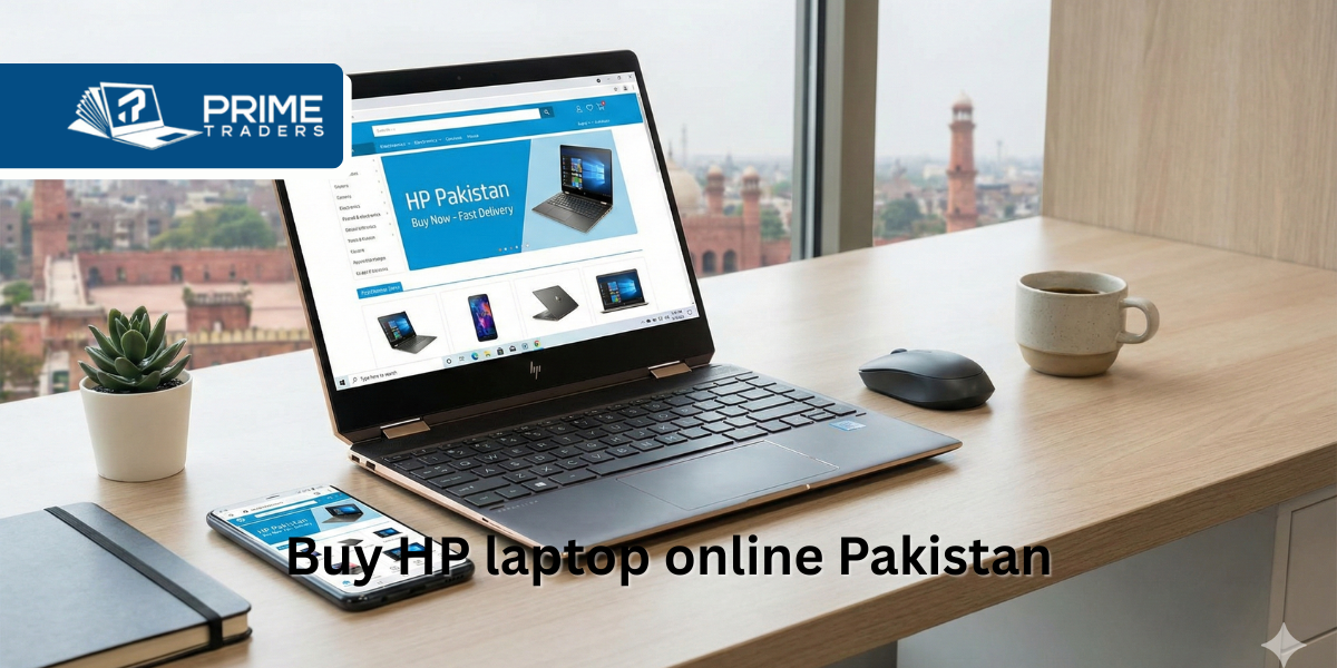 Buy HP laptop online in Pakistan – modern HP laptop on a sleek desk setup with online shopping theme